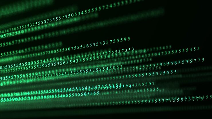 Photo green matrix background technology stream binary code falling numbers on screen programming coding hacking and encryption 3d rendering
