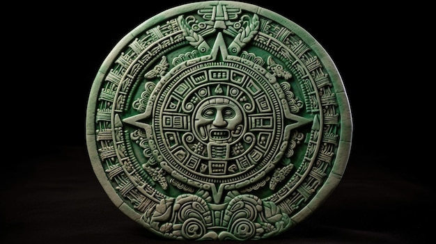 Photo a green mayan medallion with a face and the word maya on it.