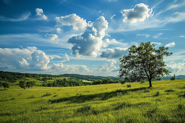 Green meadow under blue sky with clouds