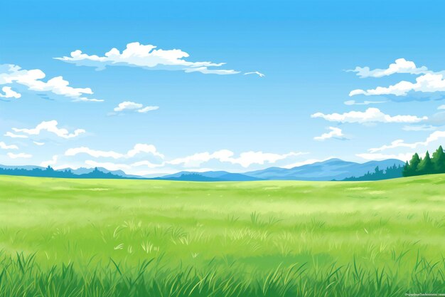 Photo green meadow and blue sky with white clouds