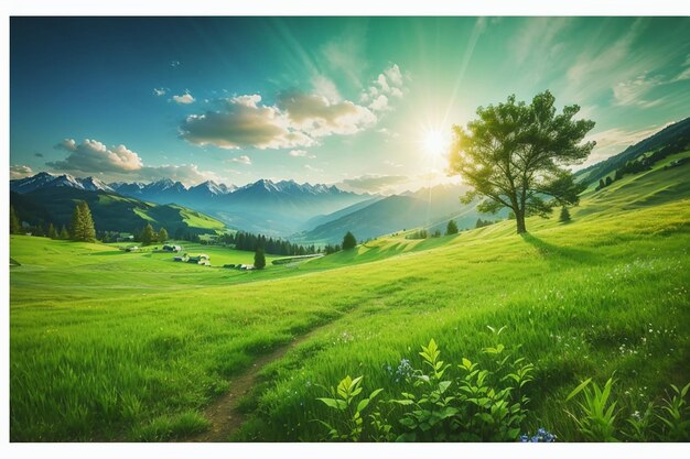 Green meadow in mountain composition of nature