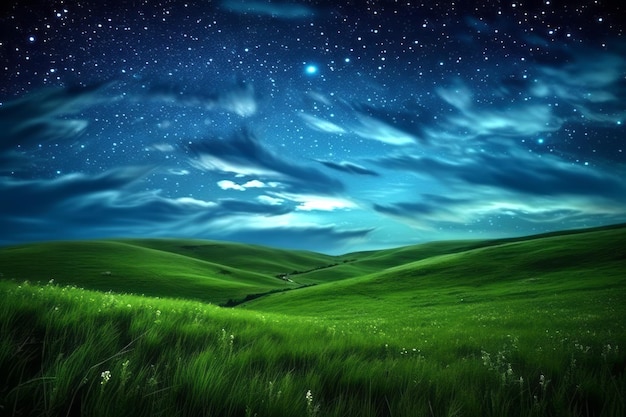 Green meadow and tree on hills at stars night sky background Created with Generative AI technology