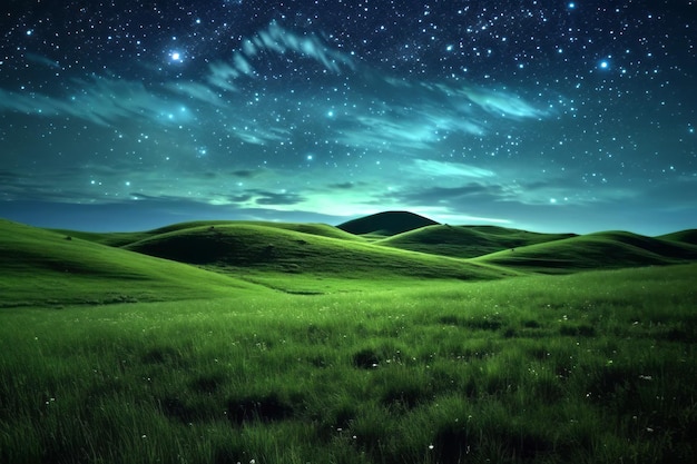 Green meadow and tree on hills at stars night sky background Created with Generative AI technology