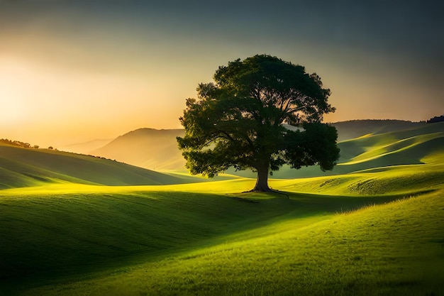 Foto albero verde prato e la bellezza del tramonto generato