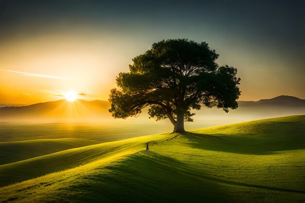 Foto albero verde prato e bellezza del tramonto generato