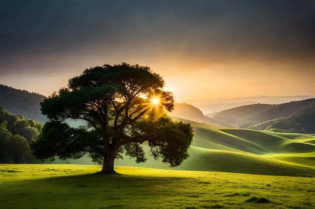 Photo green meadow tree and sunset beauty generated