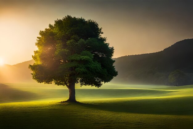 Foto albero verde prato e bellezza del tramonto generato