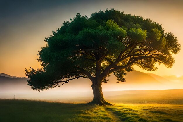 Photo green meadow tree and sunset beauty generated