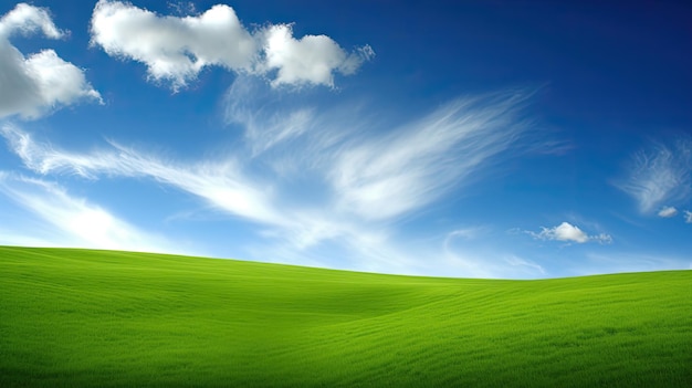 青い空と雲と緑の牧草地の美しい自然の風景の背景