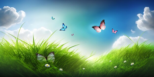 Photo green meadow with flowers and butterflies on sky background with ai generated