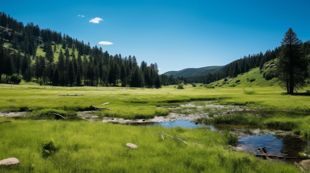 A green meadow with flowers and trees under a blue sky