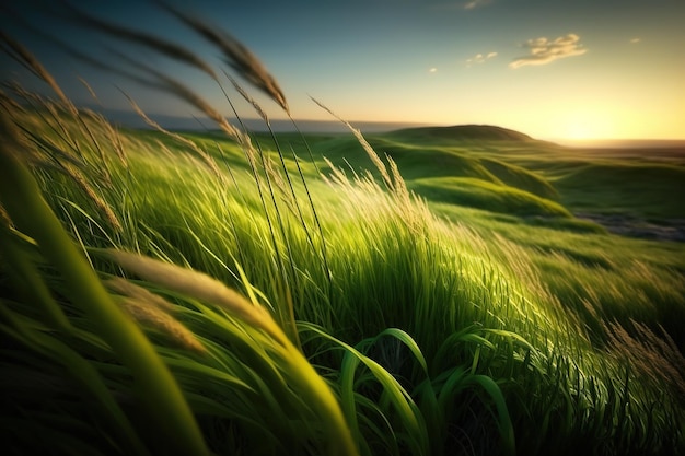Зеленый луг с сочной травой под голубым и ясным небом Генеративный ИИ