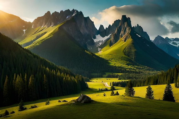 a green meadow with mountains in the background