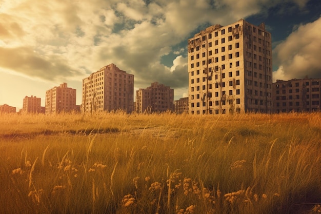 Green meadow with skyscrapers in the background