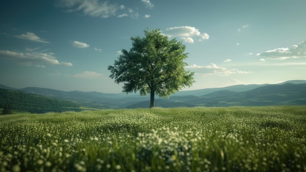 Green meadow with a solitary tree AI generative