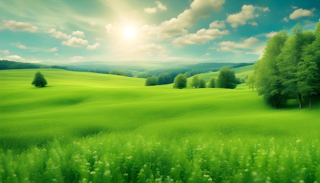 зеленый луг с солнцем на горизонте