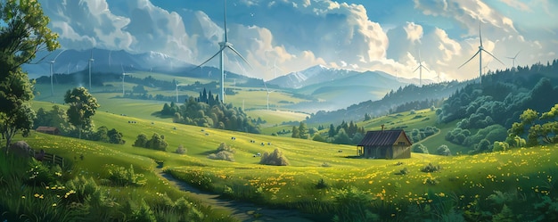 Green meadows landscape with wind generators in the distance