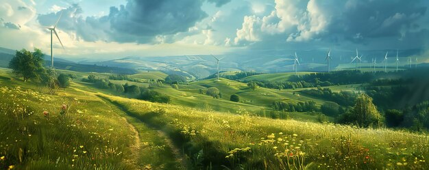 Green meadows landscape with wind generators in the distance