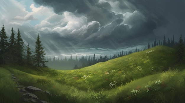 Green meadows with coniferous trees with ominous clouds landscape