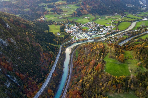 green meadows with villages and forest