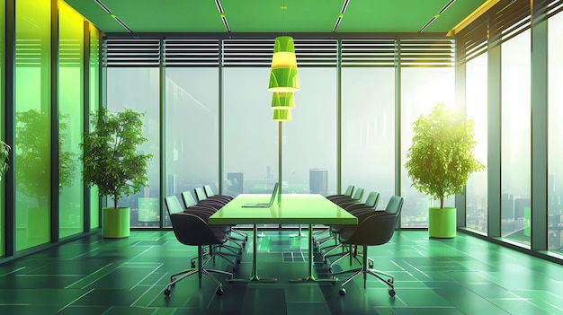 Фото Зеленый зал заседаний с панорамным окном и видом на город генеративные иллюстрации ии