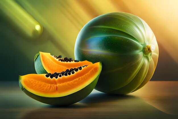 a green melon with black seeds on it