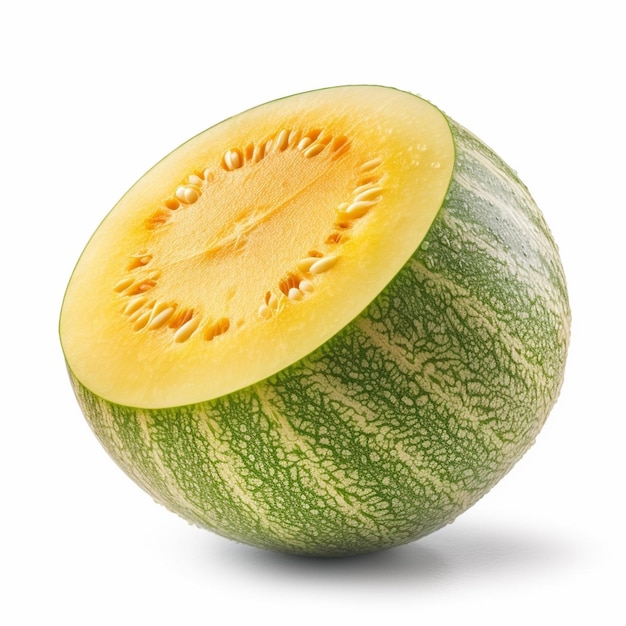 A green melon with a slice cut out of it