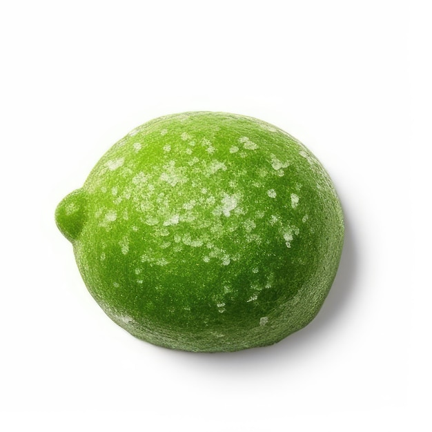 A green melon with white spots on it sits on a white background.