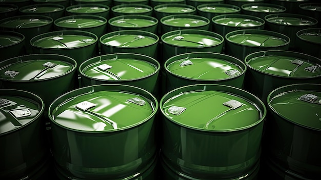 Фото Зеленые металлические бочки, демонстрирующие промышленную эффективность и экологическую ответственность в производственной среде
