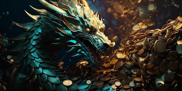 green metal dragon in a pile of gold coins screensaver or wallpaper