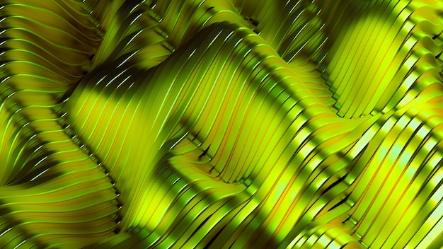 波と線と緑のメタリックな背景。 3Dレンダリング。