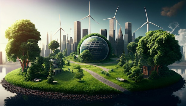 Foto metropoli verde che rispetta l'ambiente e risparmia energia ia generativa