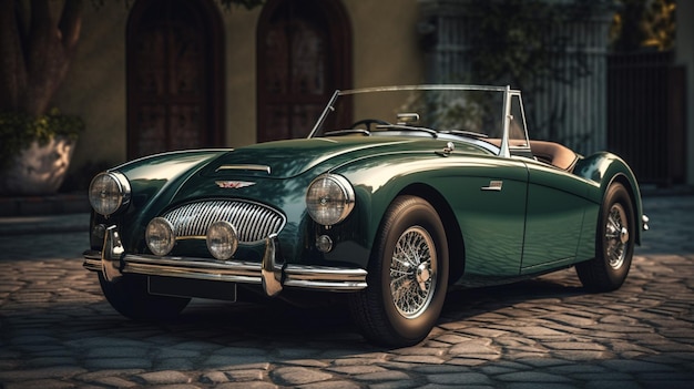 A green mgb roadster with the word " on the front. "