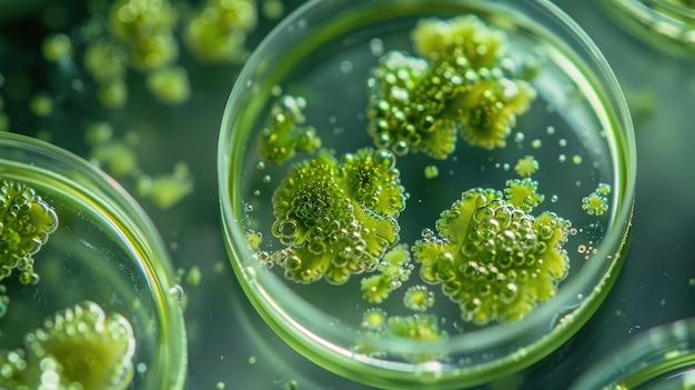 Photo green microalgae clusters under scientific examination in lab