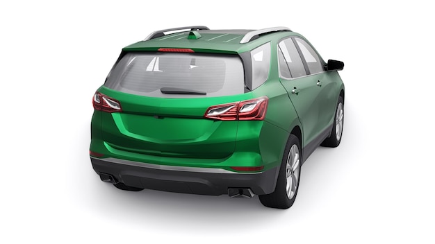 흰색 배경 3d 렌더링에 가족을 위한 녹색 중형 도시 SUV