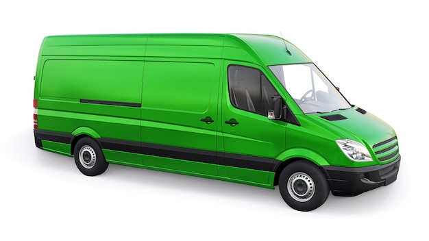 Фото Зеленый коммерческий фургон среднего размера на белом фоне пустой кузов для нанесения ваших дизайнерских надписей и логотипов 3d иллюстрация