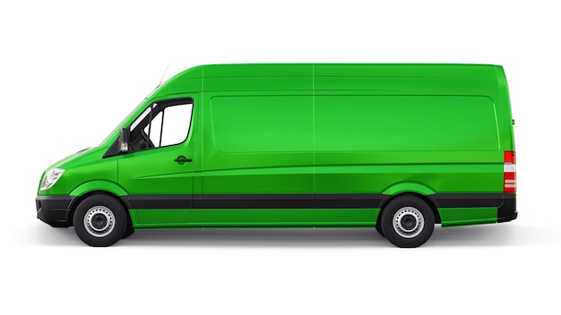 Фото Зеленый коммерческий фургон среднего размера на белом фоне пустой кузов для нанесения ваших дизайнерских надписей и логотипов 3d иллюстрация