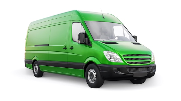 Green midsize commercial van on a white background A blank body for applying your design inscriptions and logos 3d illustration