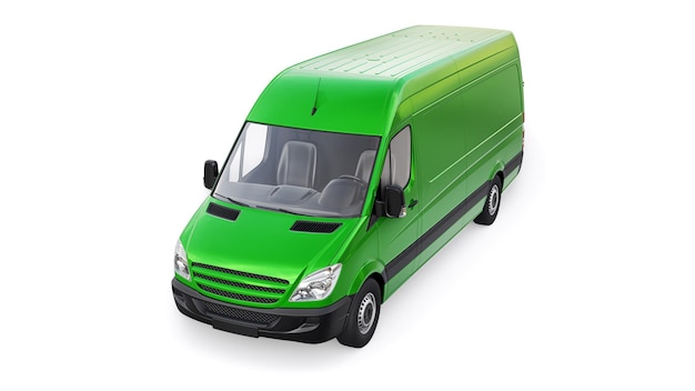 Green midsize commercial van on a white background A blank body for applying your design inscriptions and logos 3d illustration