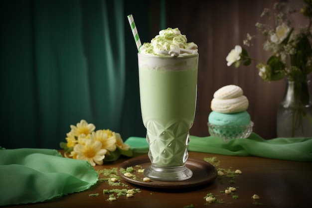 A green milkshake with a green and white striped straw sits on a table next to a cup of green tea.