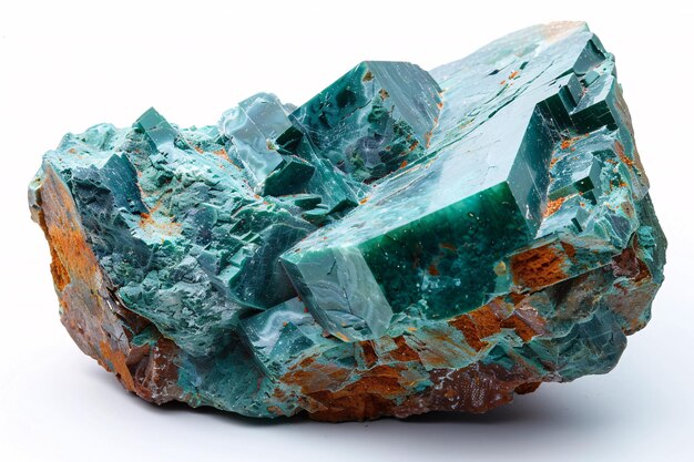 A green mineral from a copper mine in Chile against a white background