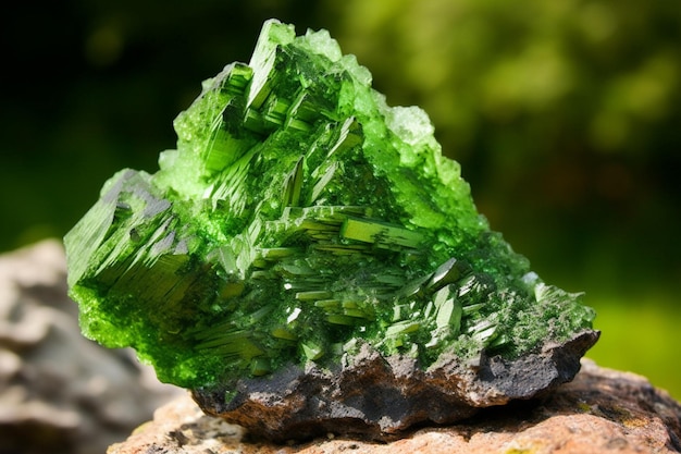 Photo a green mineral sits on a rock.