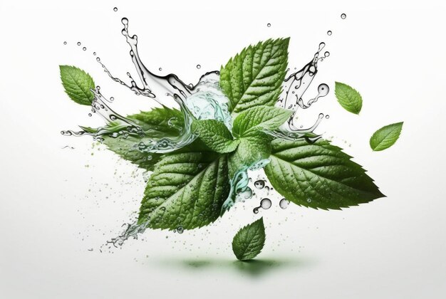 Green mint leaf with water splash isolated on white background generative ai