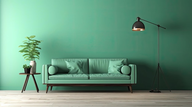 Green mint wall with sofa sideboard on wood floor