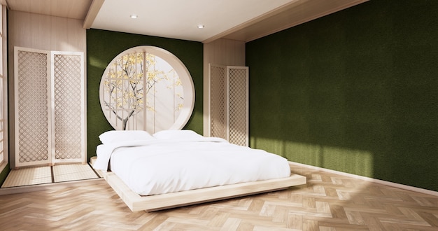 Green modern Japanese style bedroom mock up, Designing the most beautiful. 3D rendering