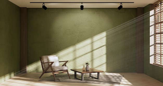 Зеленый современный интерьер комнаты в стиле вабисаби, диван и оформление японского 3D рендеринга