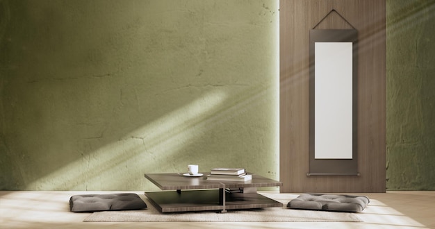 グリーン モダン ルーム インテリアわびさびスタイルとソファと装飾 japanese3D レンダリング
