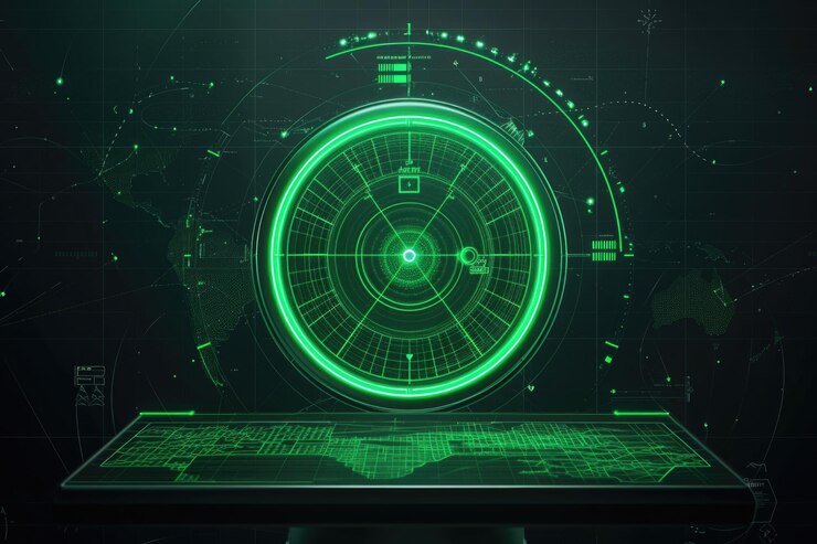 Photo green modern ship radar screen with round map