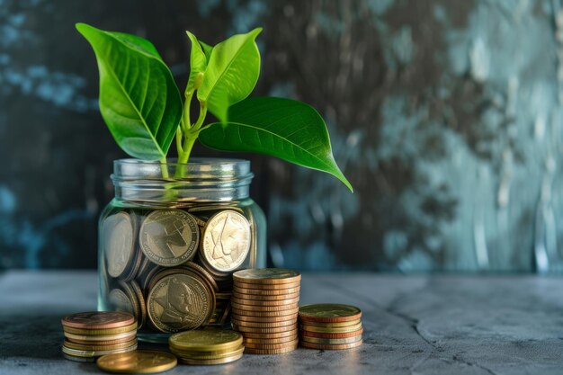 Green money plant in a glass jar with stacks of coins