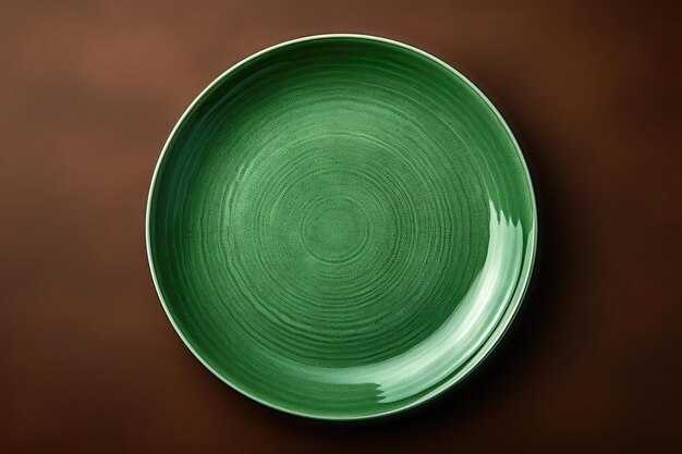 Green Monochrome Plate On Brown Background Top View Generative AI